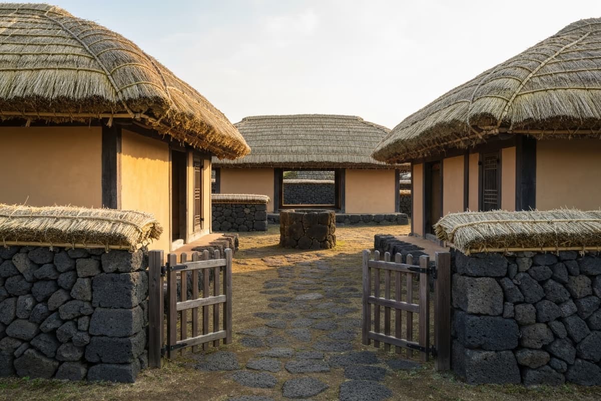 翰林公园里材岩民俗村的黑色石墙与茅草屋顶