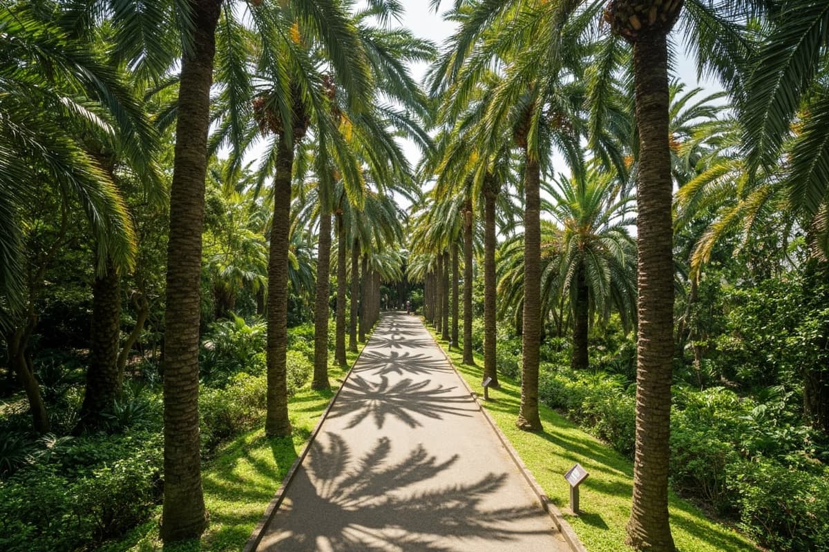 翰林公园亚热带植物园的高大椰子树与林间散步道