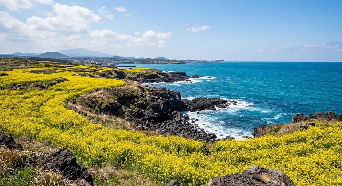 春天漢潭海岸丘坡上的油菜花與翡翠綠海水