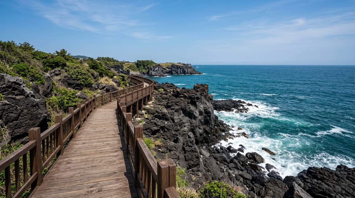 한담해안산책로 목재 데크와 해안 풍경