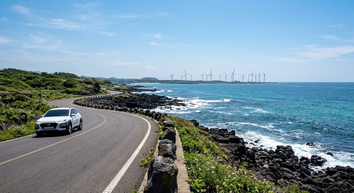 제주 애월 해안도로와 풍력발전기