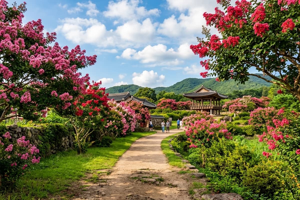 抗波頭里遺跡地のサルスベリの花道と夏の風景