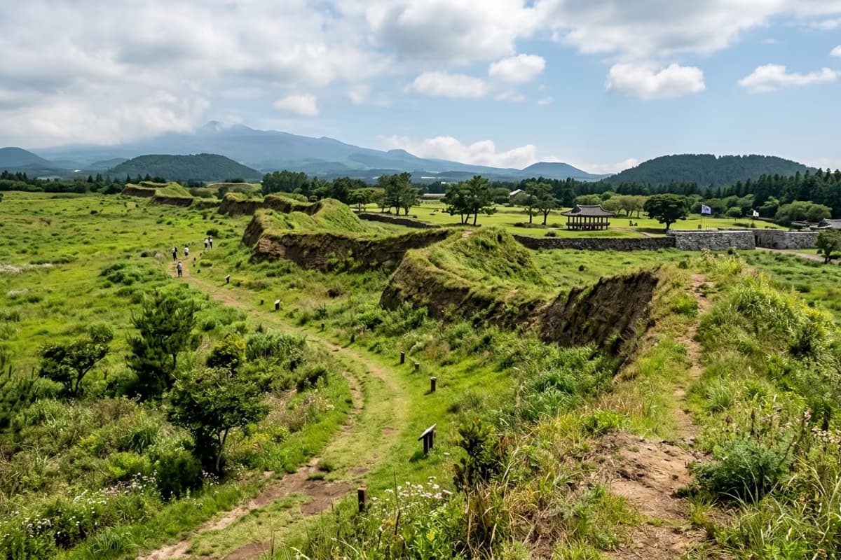 中山間放牧地を抜けて延びる抗波頭里の土城跡 — 周囲の地形に向けて視界が開ける