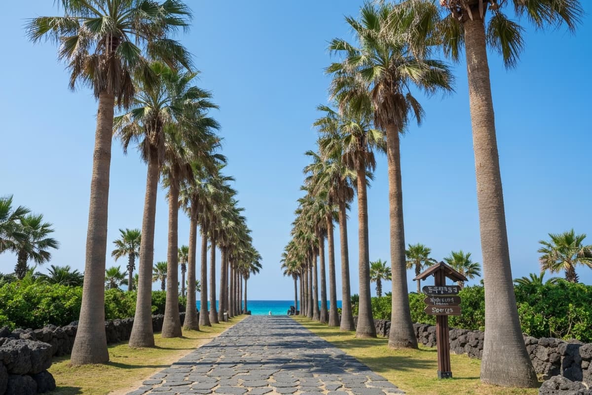 挾才海水浴場入口的椰子樹與指示牌