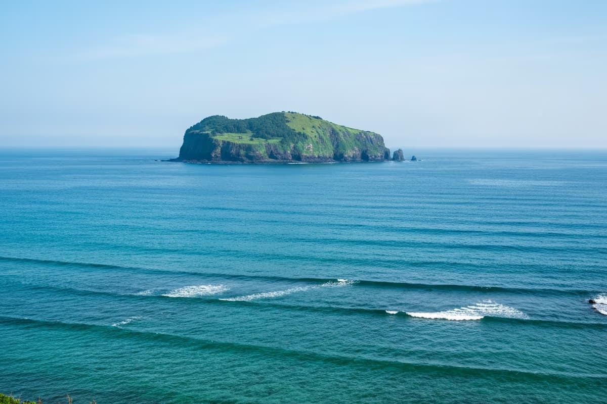 從挾才海水浴場望向飛揚島,平靜海面上的小型火山島