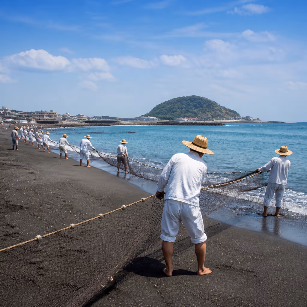 梨湖太烏慶典鯷魚拉網再現,黑砂灘上長展的漁網