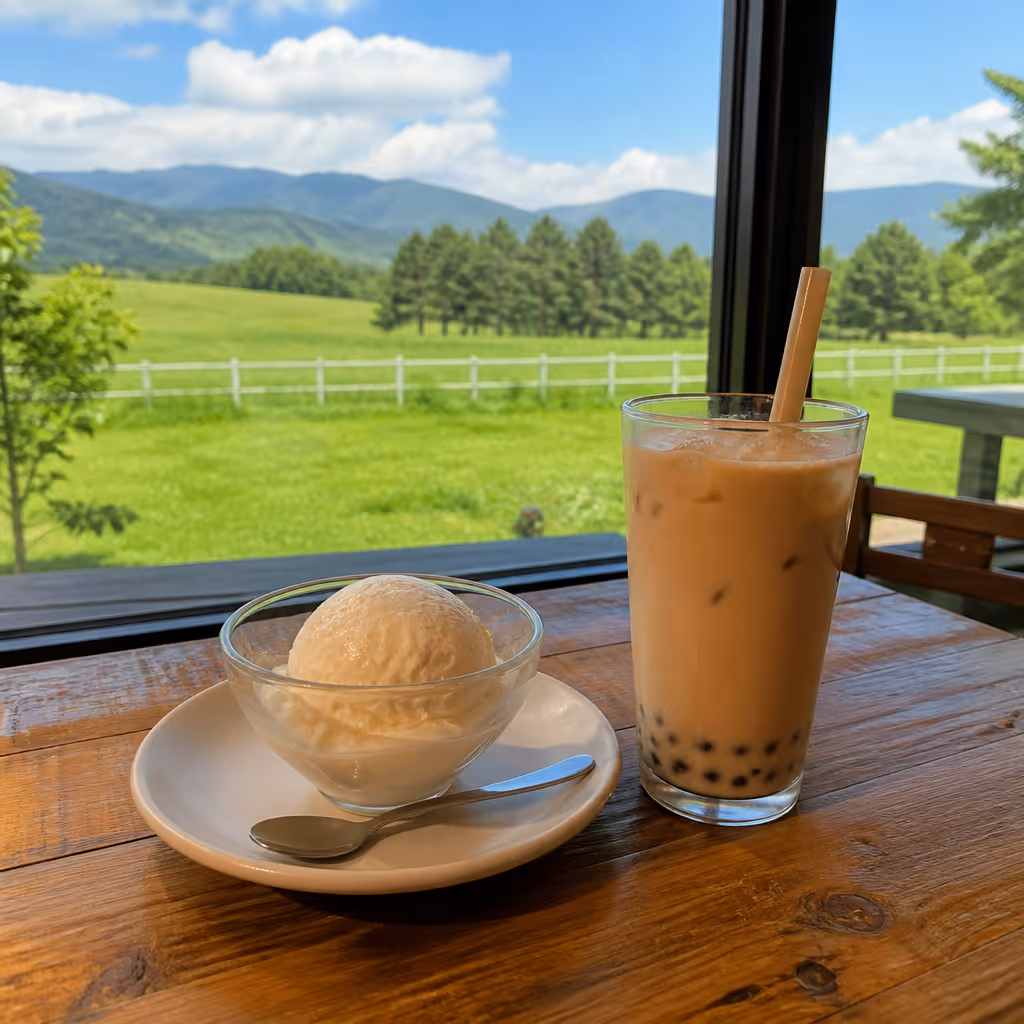Window seat at the Isidore Center Cafe with a cup of organic milk ice cream and a glass of milk tea in low afternoon light