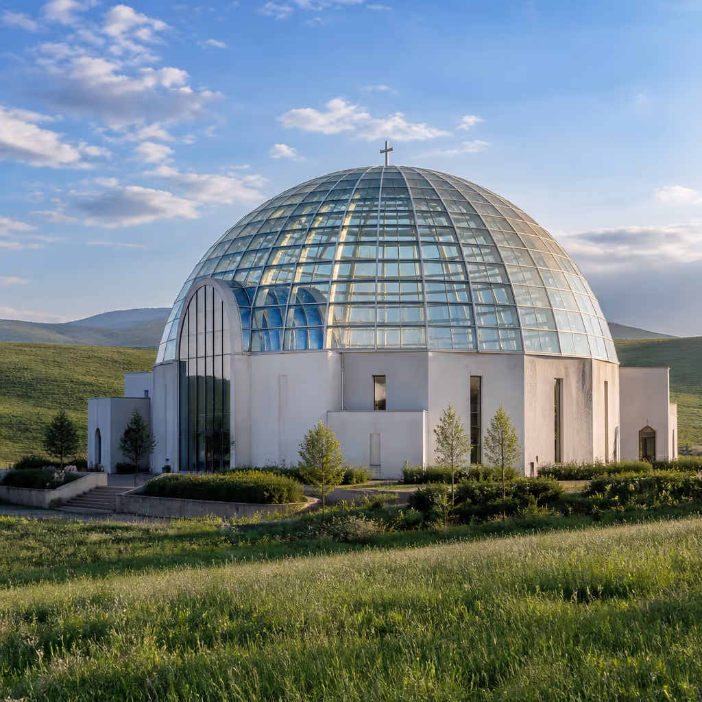 Trinity Cathedral at St. Isidore Ranch, a glass-dome sanctuary with low afternoon light on white walls above summer grass