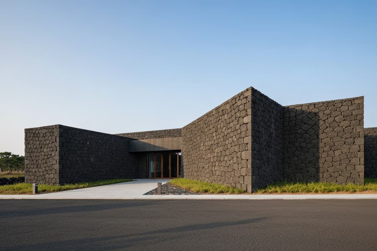 金昌烈美術館の外観と黒い玄武岩の外壁の風景