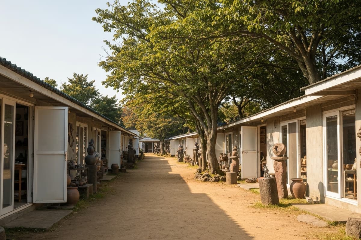 저지문화예술마을의 평탄한 산책로와 양 옆의 작가 스튜디오 및 공방 풍경