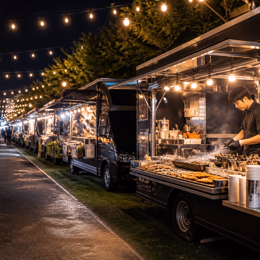 JJAN Festival food-truck strip with black pork skewers and deep-fried squid vendors under strung lights