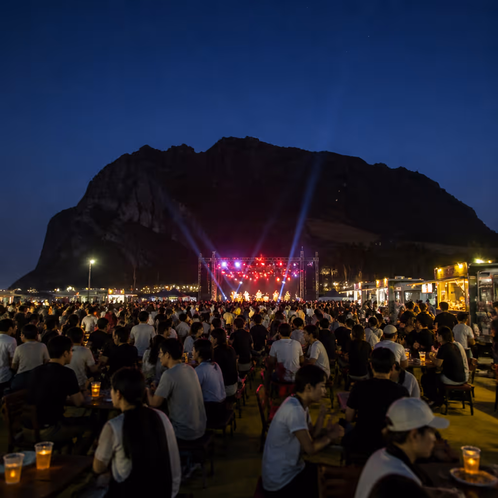 JJAN Festival at dusk with the silhouette of Seongsan Ilchulbong behind the main stage and a food-truck strip crowded with visitors
