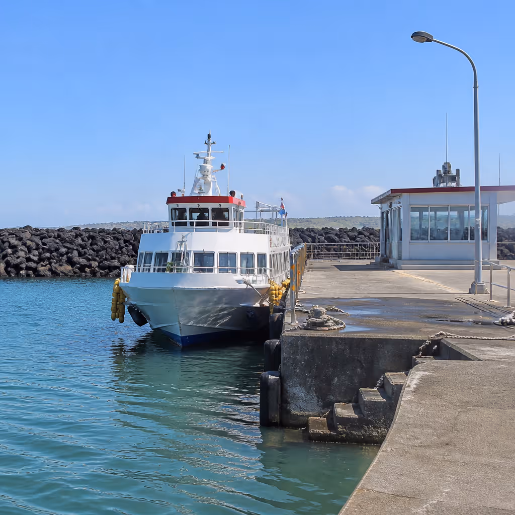 Unjin Harbor with a white ferry moored at the dark volcanic breakwater under afternoon summer light