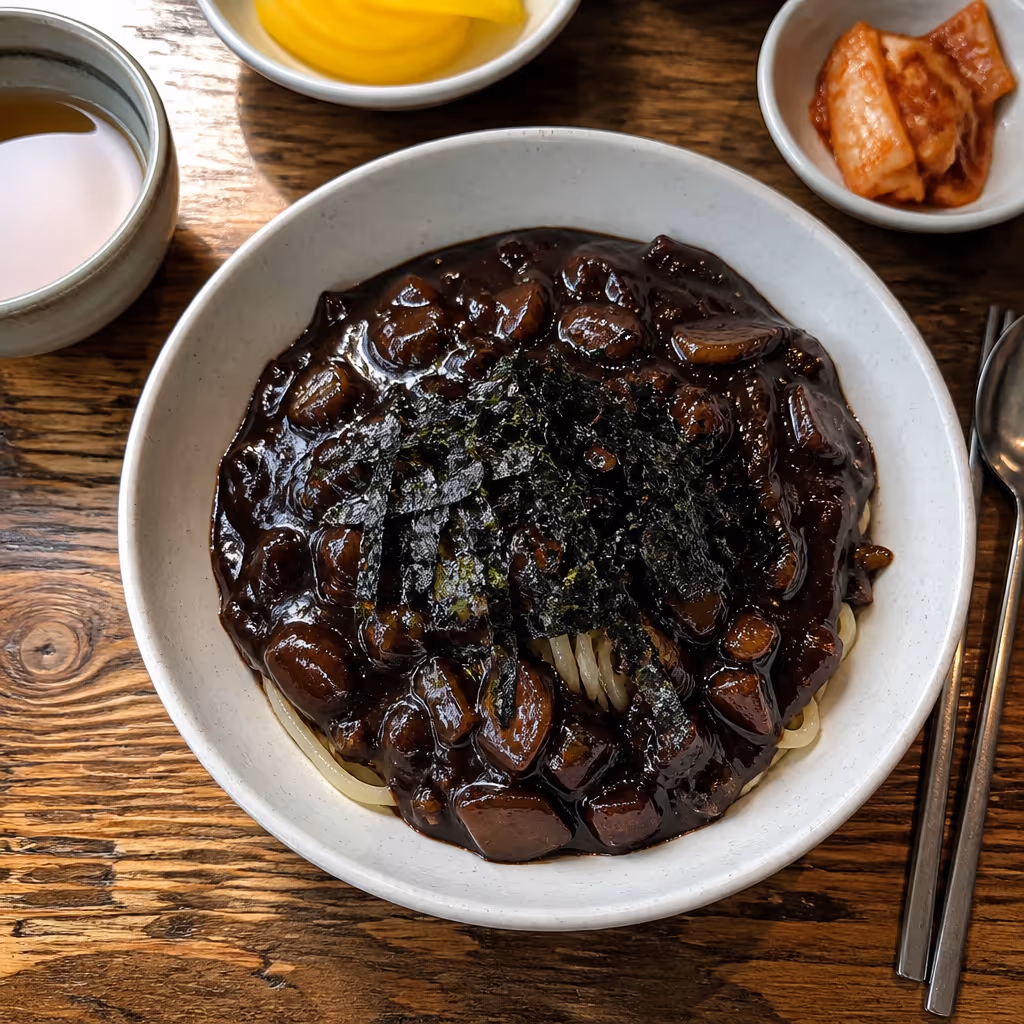 마라도 자장면 한 그릇, 낮은 검은 볶음 자락과 톳 고명이 낮게 얹힌 여름 오후 정물