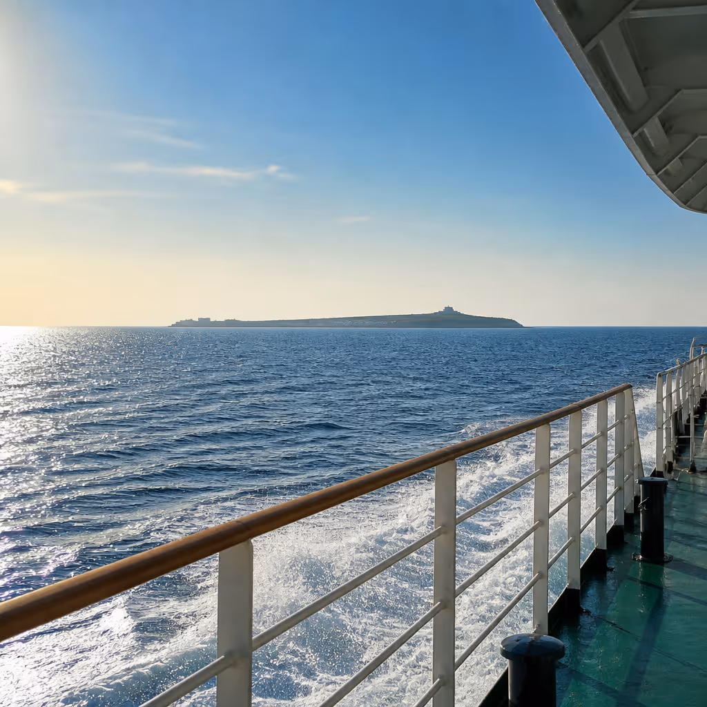 Ferry deck returning from Marado toward Unjin Harbor with the island silhouette receding under low afternoon light