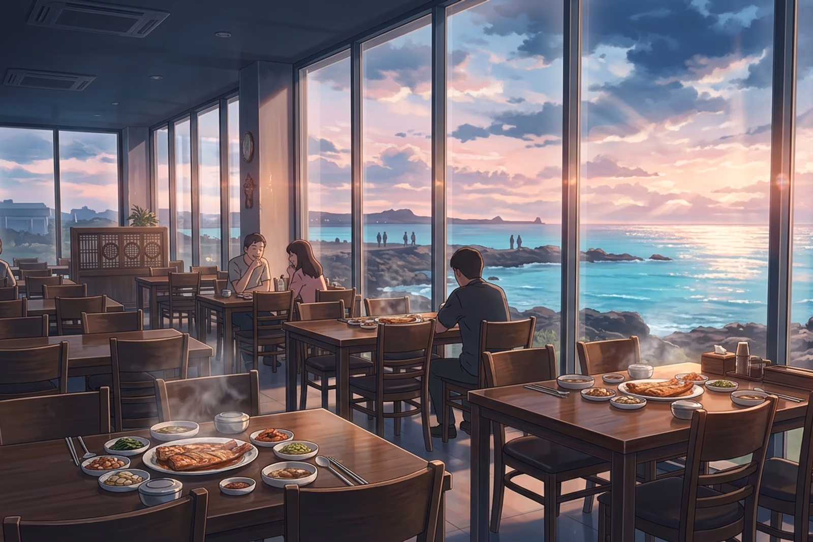 濟州涯月的갈치바다店內,落地窗外是晚霞中的海,桌上是一份份細心整理過的餐
