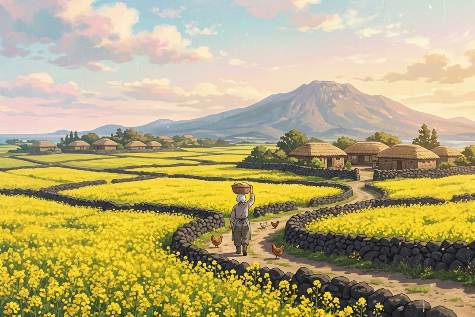 一九八〇年代濟州春日裡的油菜花田,沿著黑色石垣慢慢走過去的、頭頂竹簍的母親背影