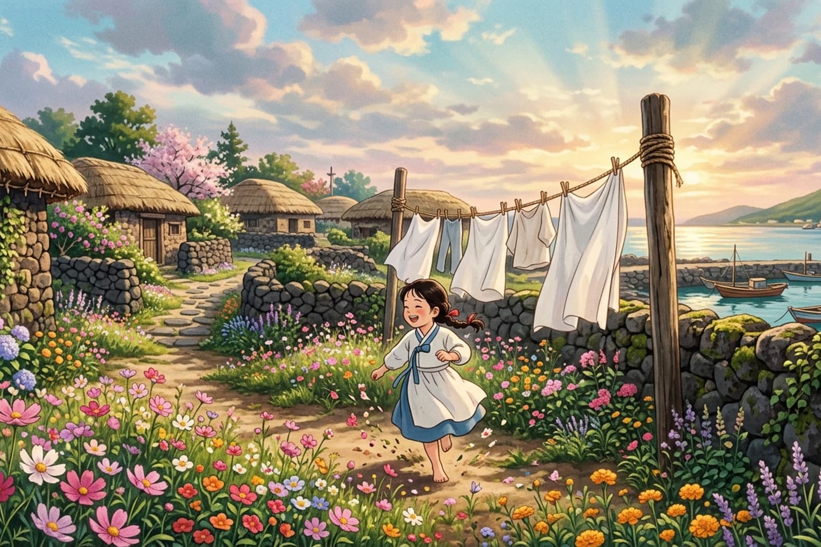 1980년대 제주 초가집 마당의 빨래줄과 만개한 꽃밭, 빛 속을 달리는 한 아이의 실루엣