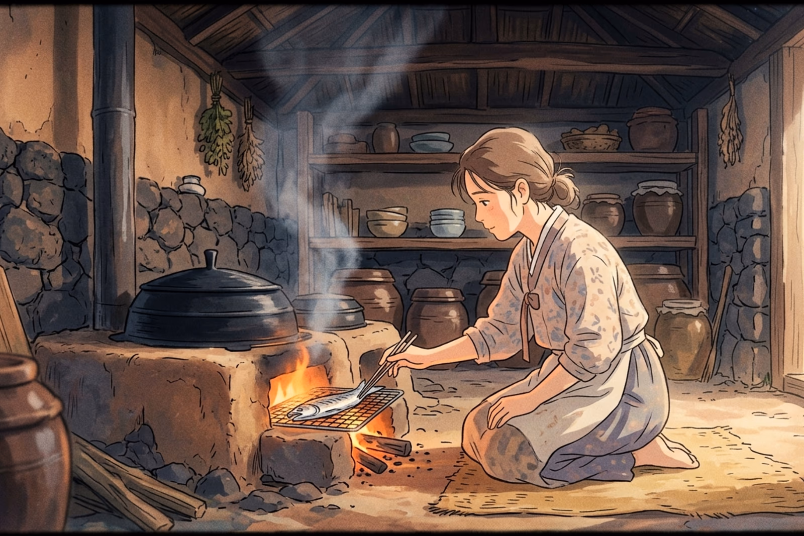 一九八〇年代濟州茅草屋的土地廚房,灶上一口大鐵鍋,年輕的母親在鍋前側著身放下一條魚