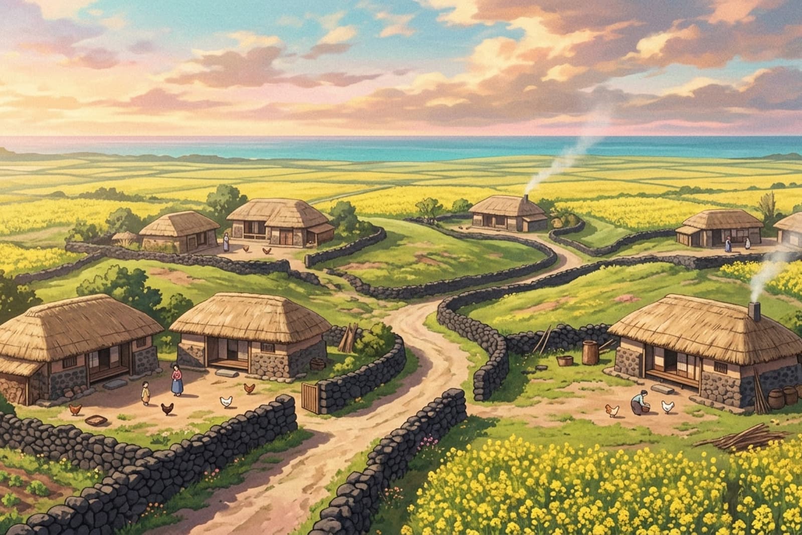 1980년대 제주 마을 풍경, 멀리 한라산을 배경으로 펼쳐진 유채꽃 밭과 검은 돌담들