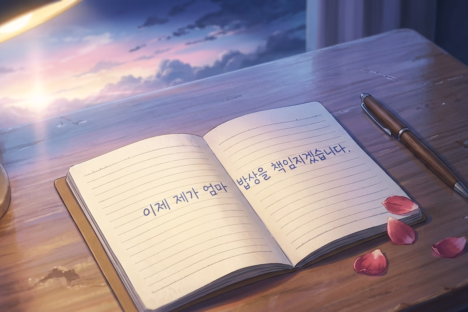 작은 노트에 또박또박 쓰인 한 줄, 펜과 새벽빛