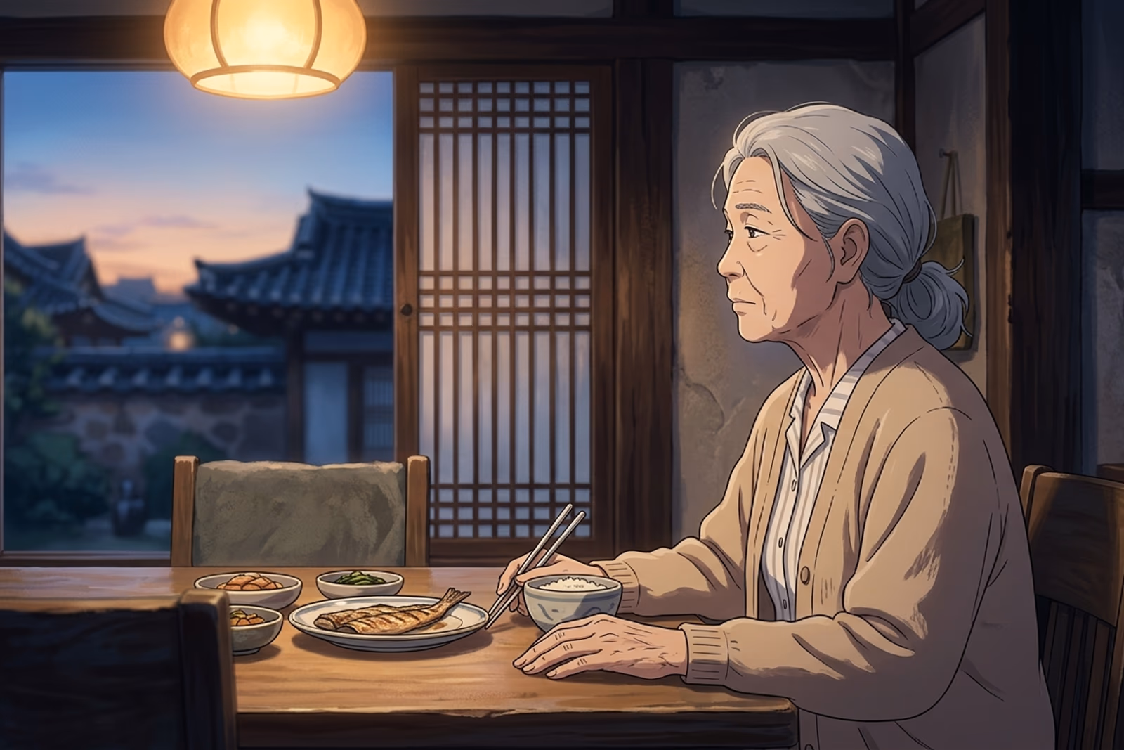黃昏空蕩的餐桌,幾乎沒動過的一條魚,對面是一張空椅子