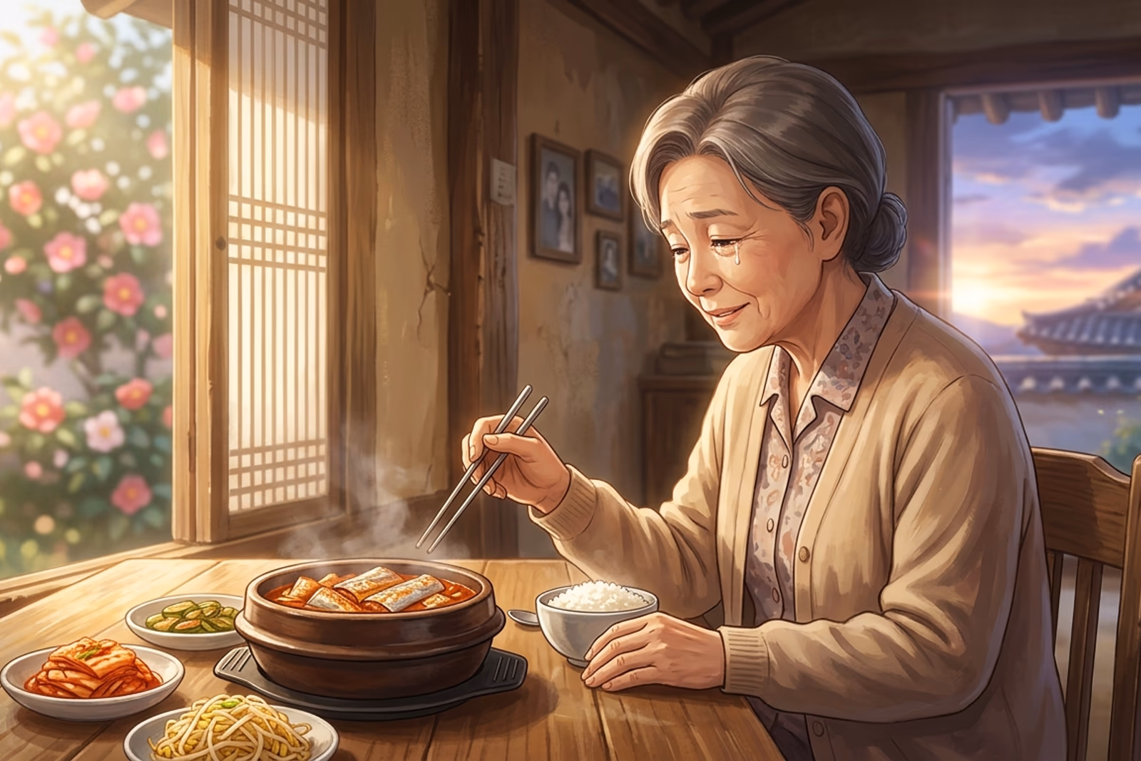 溫馨的廚房:母親面前一碗冒著熱氣的去骨燉帶魚,她正緩緩送上第一口