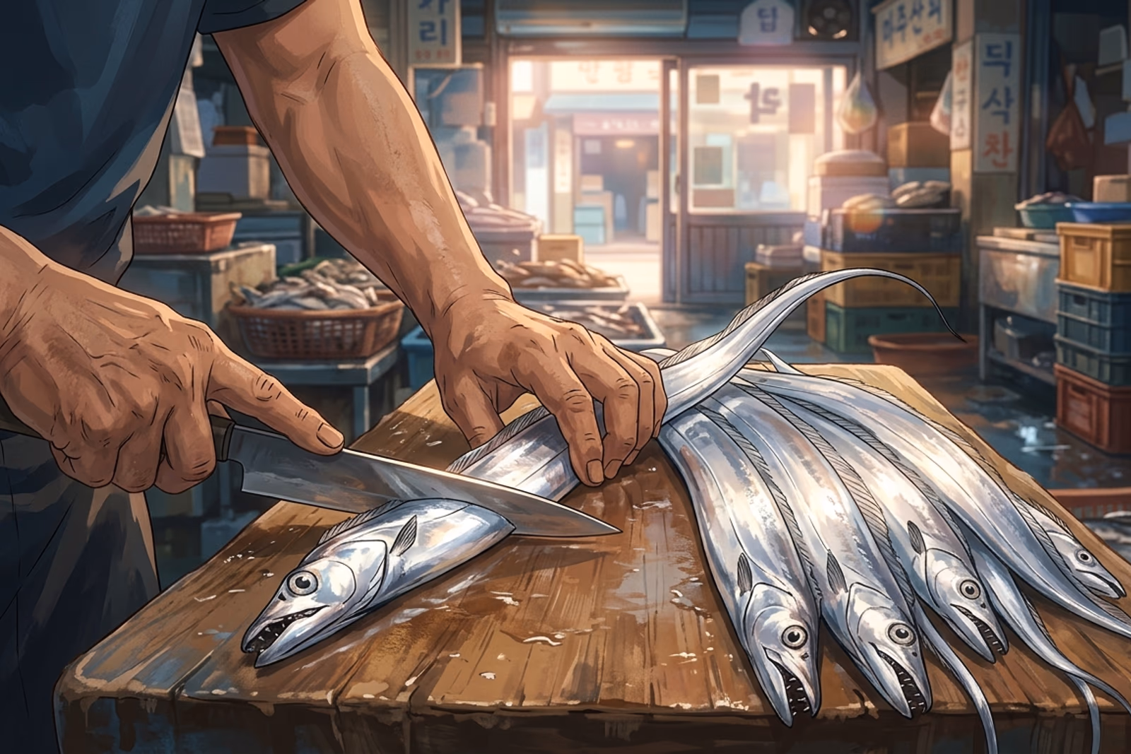 兩隻手合作的大景:一隻按住魚頭,一隻引著刀走