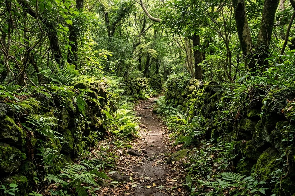 苔むした玄武岩の石垣と、樹冠の下を抜ける未舗装の散策路