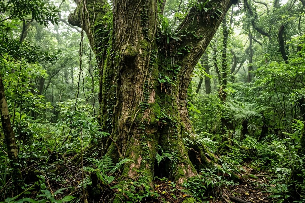 樹冠まで蔓を伸ばす巨大なタブノキの幹、足元には地表性のシダ群落