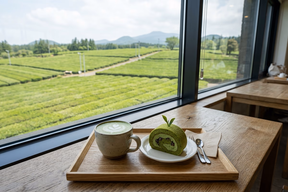 オソルロクカフェの抹茶ラテとロールケーキ、緑茶畑が見える窓際の席
