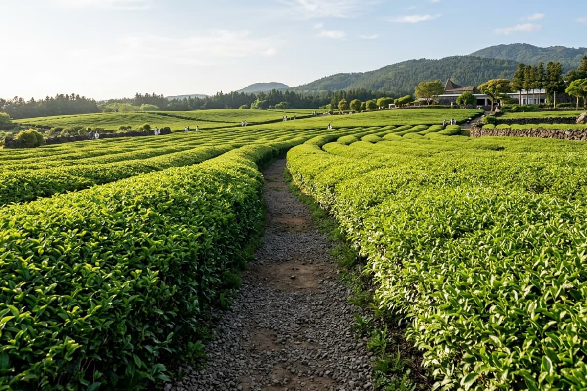 西広茶園の緑茶畑の畝の間の散策路と、遠くに見える漢拏山のシルエット
