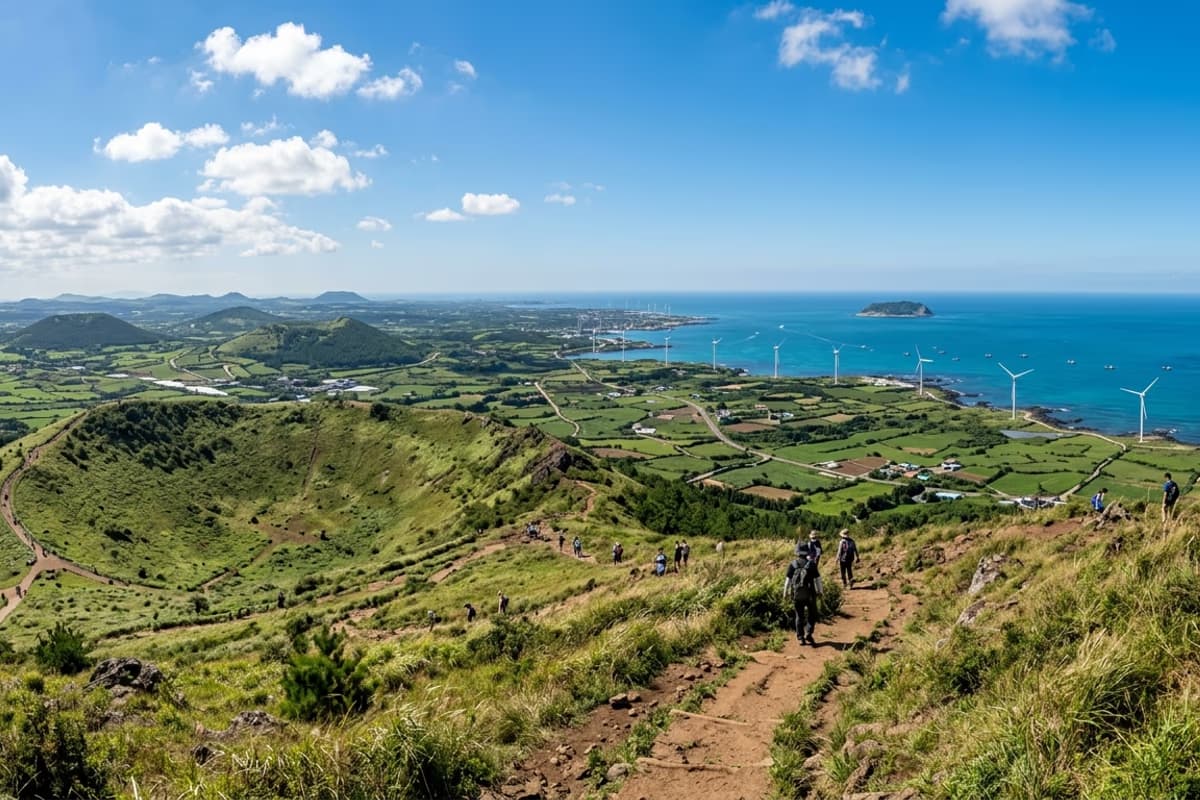 Aerial panorama of Saebyeol Oreum and the surrounding Aewol pasture seen from the summit, with the inland route to the parking area visible below