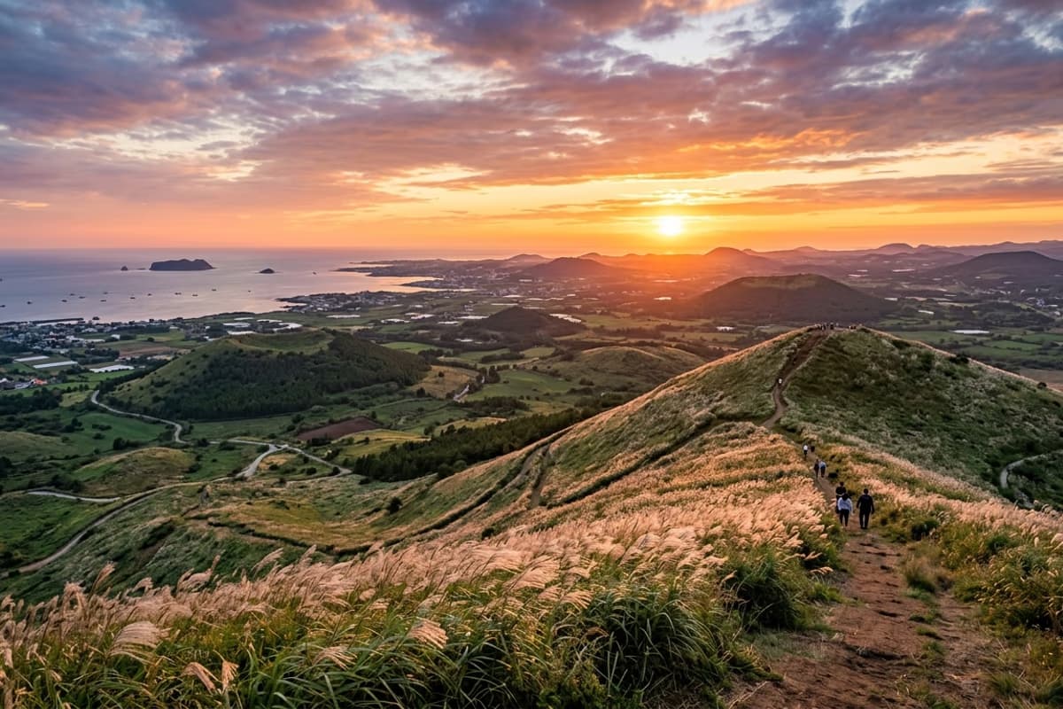 Saebyeol Oreum summit at sunset with silvergrass swaying across the slope and the western horizon ablaze, Jeju