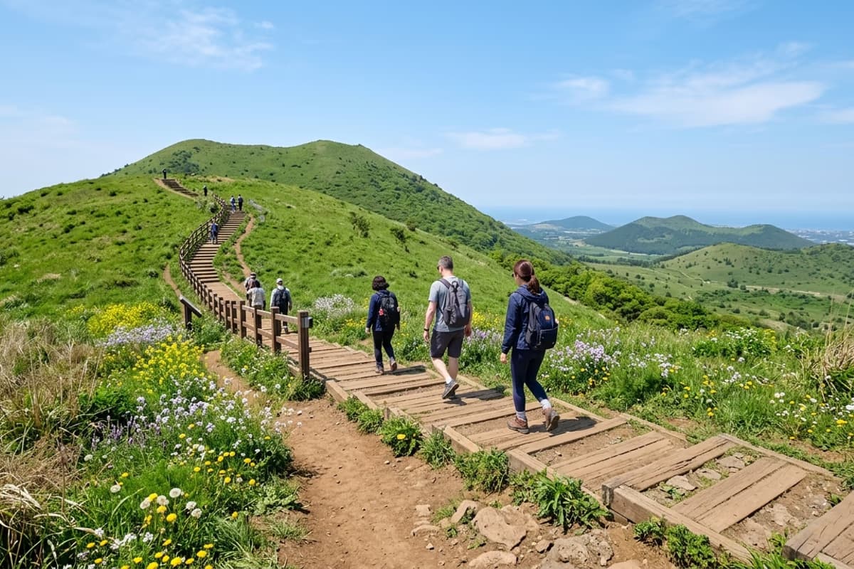 새별오름 등산로 초입과 나무 계단 풍경