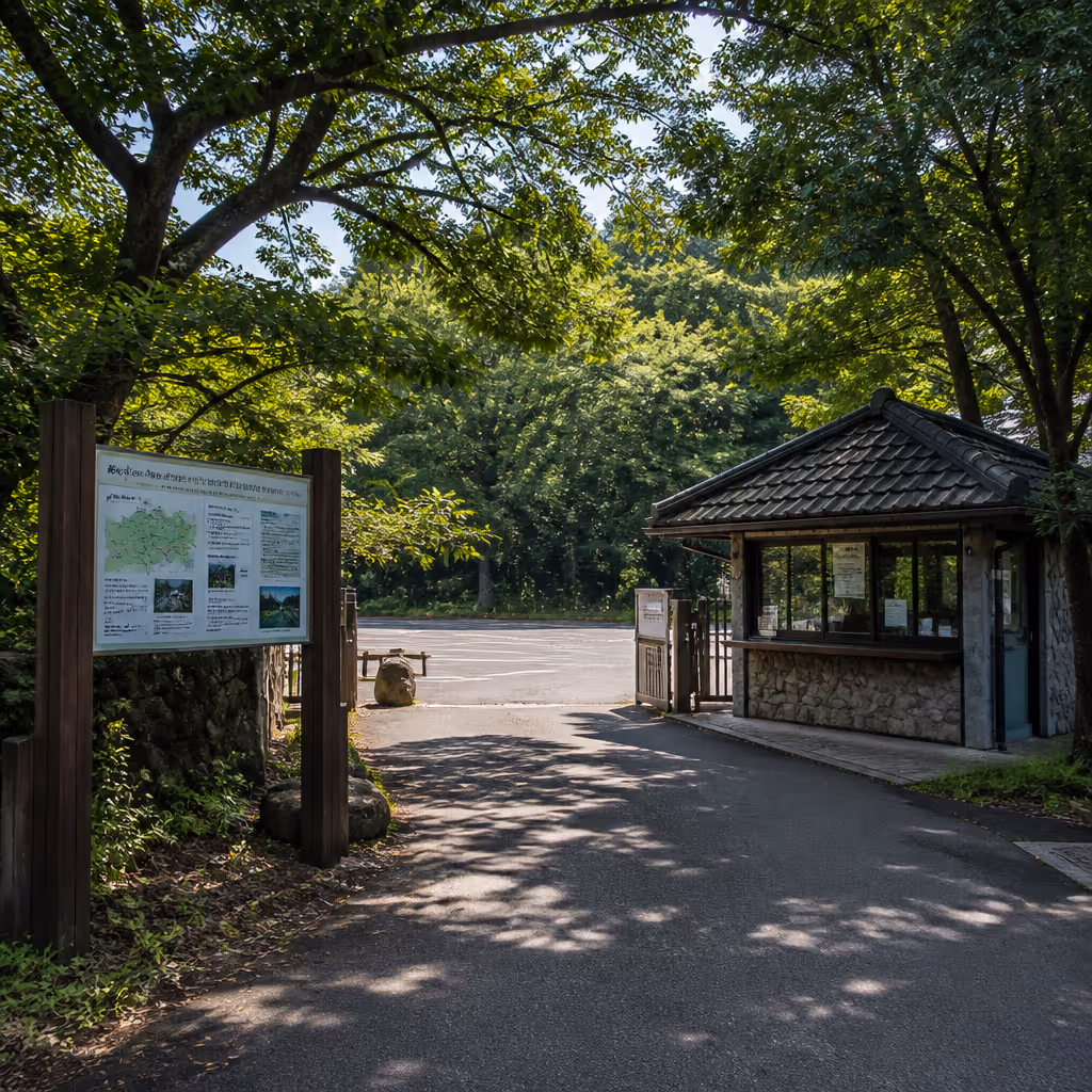 山穴谷売札所前の日陰駐車場と夏の午後の低い木製案内板、観覧の流れの進入の一角