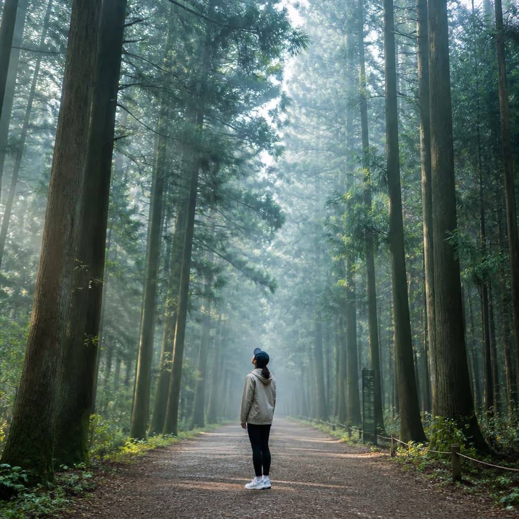 薄霧裡慢慢呼吸著走過扁柏區段的一個人