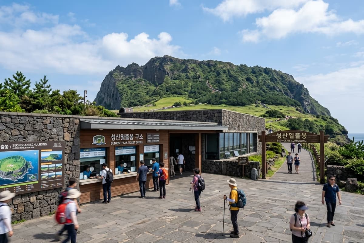城山日出峰の駐車場とチケットゲート、火山を背景にした入場エリア