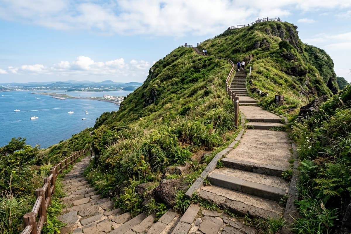 城山日出峰の登山階段と、稜線へと続く尾根トレイル