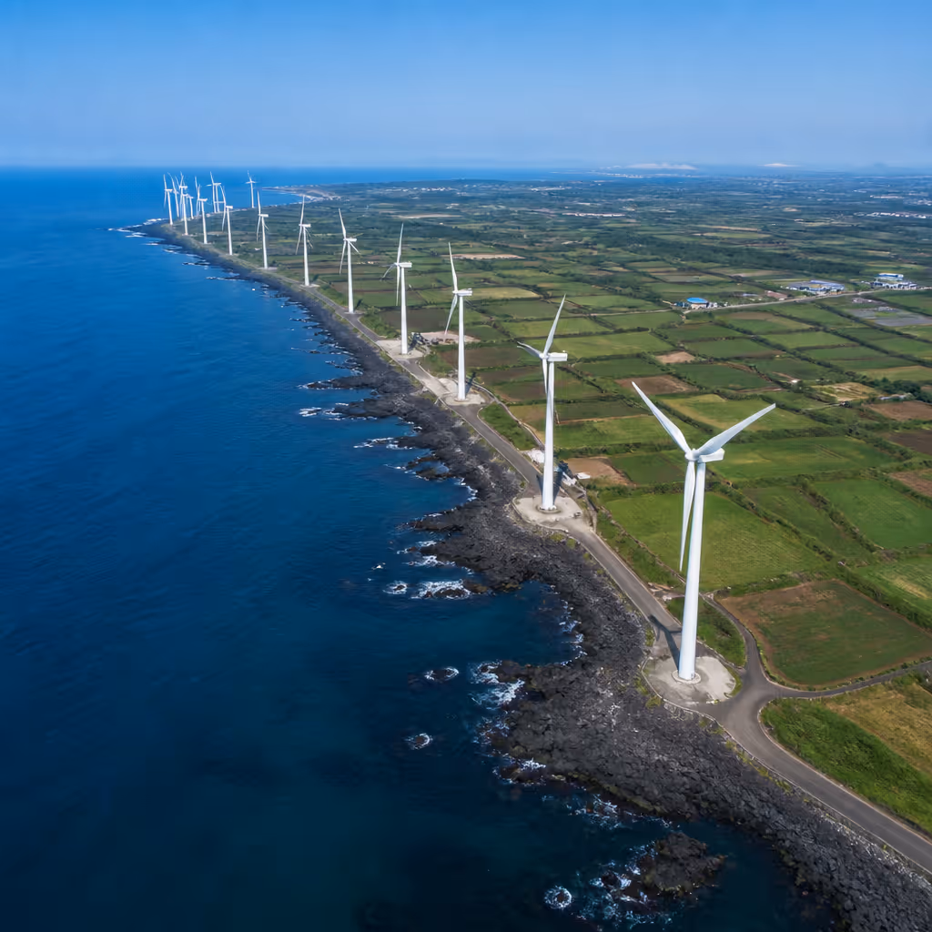 新昌風力団地航空視点、海辺の線に沿って並ぶ風力発電機たち