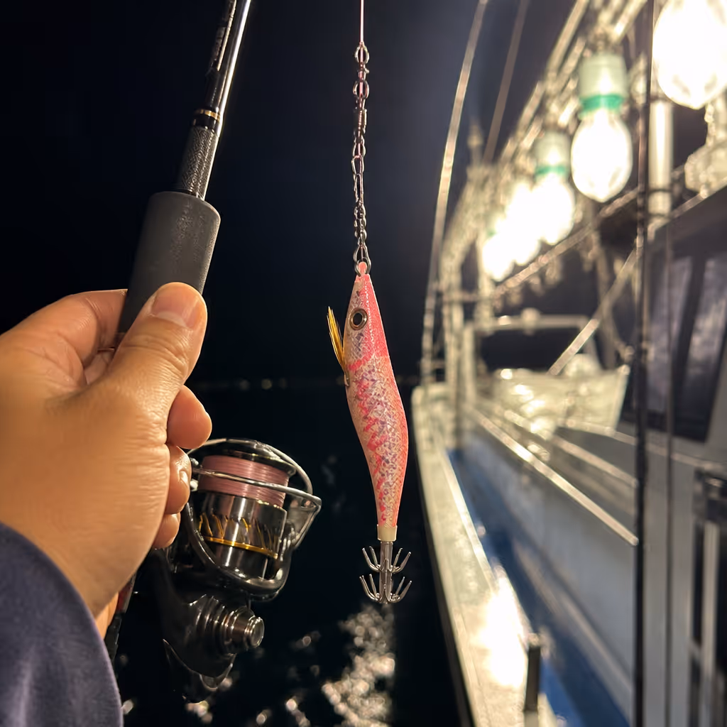 濟州小管漁船甲板上的夜間垂釣體驗,漁燈之下投擲粉色擬餌的手