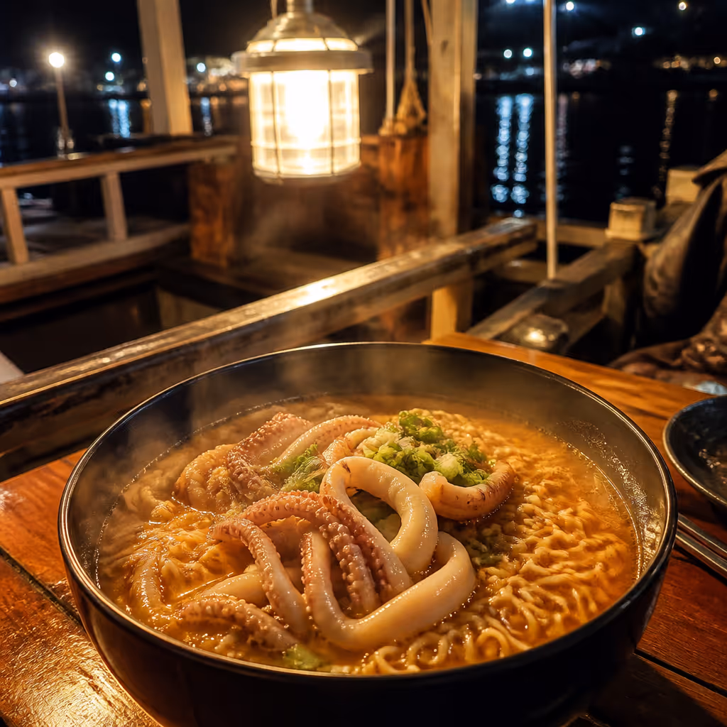 어선 위 즉석 한치 회와 한치 라면, 갑판 위 작은 테이블에 차려진 한 컵의 음식