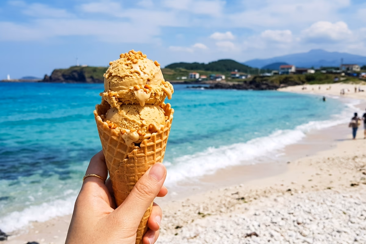 牛岛花生冰激凌一勺与西宾白沙海滩背景