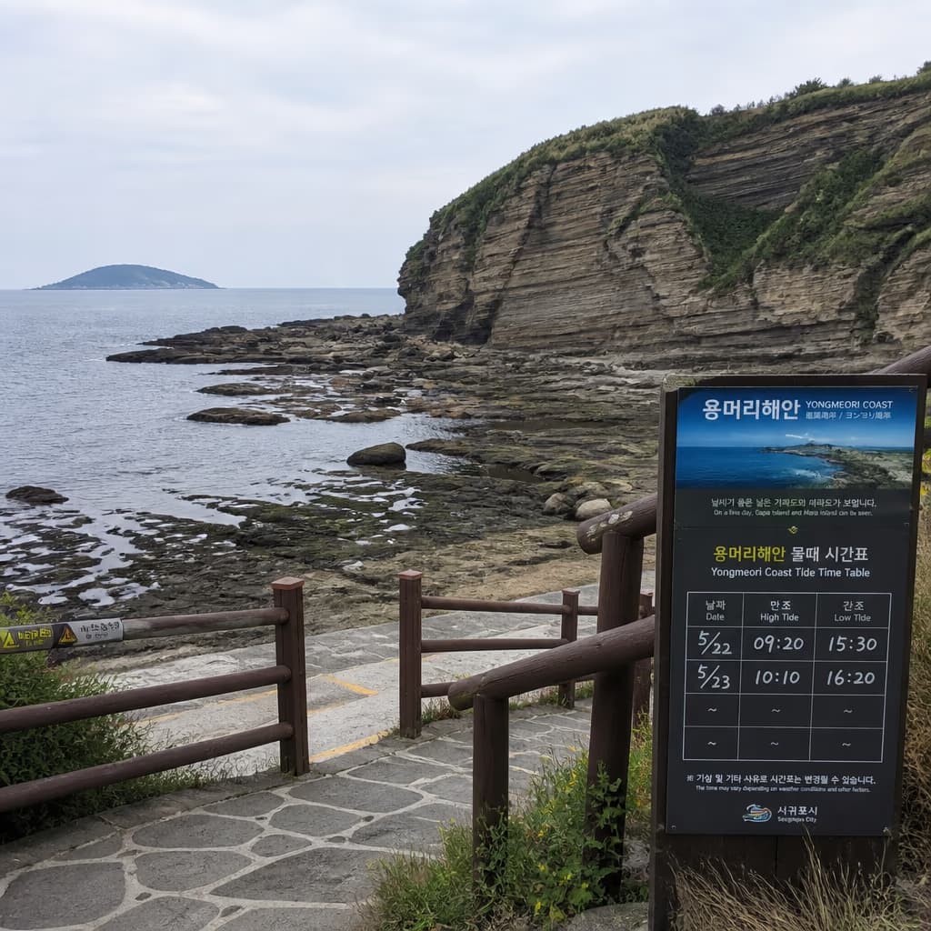 간조에 드러난 용머리해안 파식대와 입구의 조석표 안내판, 가장 넓어진 절벽 통로