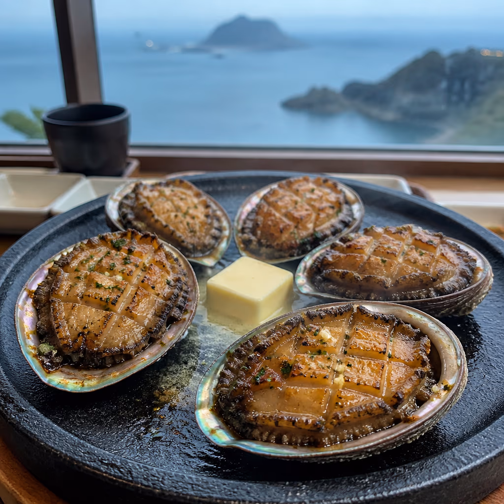 カルチパダ涯月店のアワビバター焼きと全面ガラスの向こうの遅い午後のオーシャンビュー